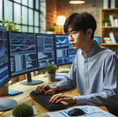 Computer Science professional looking at a series of computer screens