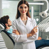 Smiling dentist in a white coat holds a mirror tool, standing in a bright dental office. Patient relaxes in a chair in the background.
