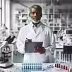 Scientist in a lab coat holds a clipboard, standing in a bright laboratory with test tubes and a microscope, focused expression.