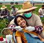 Man in a hat and mask mimics dental work on a smiling woman seated in a field. Background shows people harvesting and wind turbines under a clear sky.
