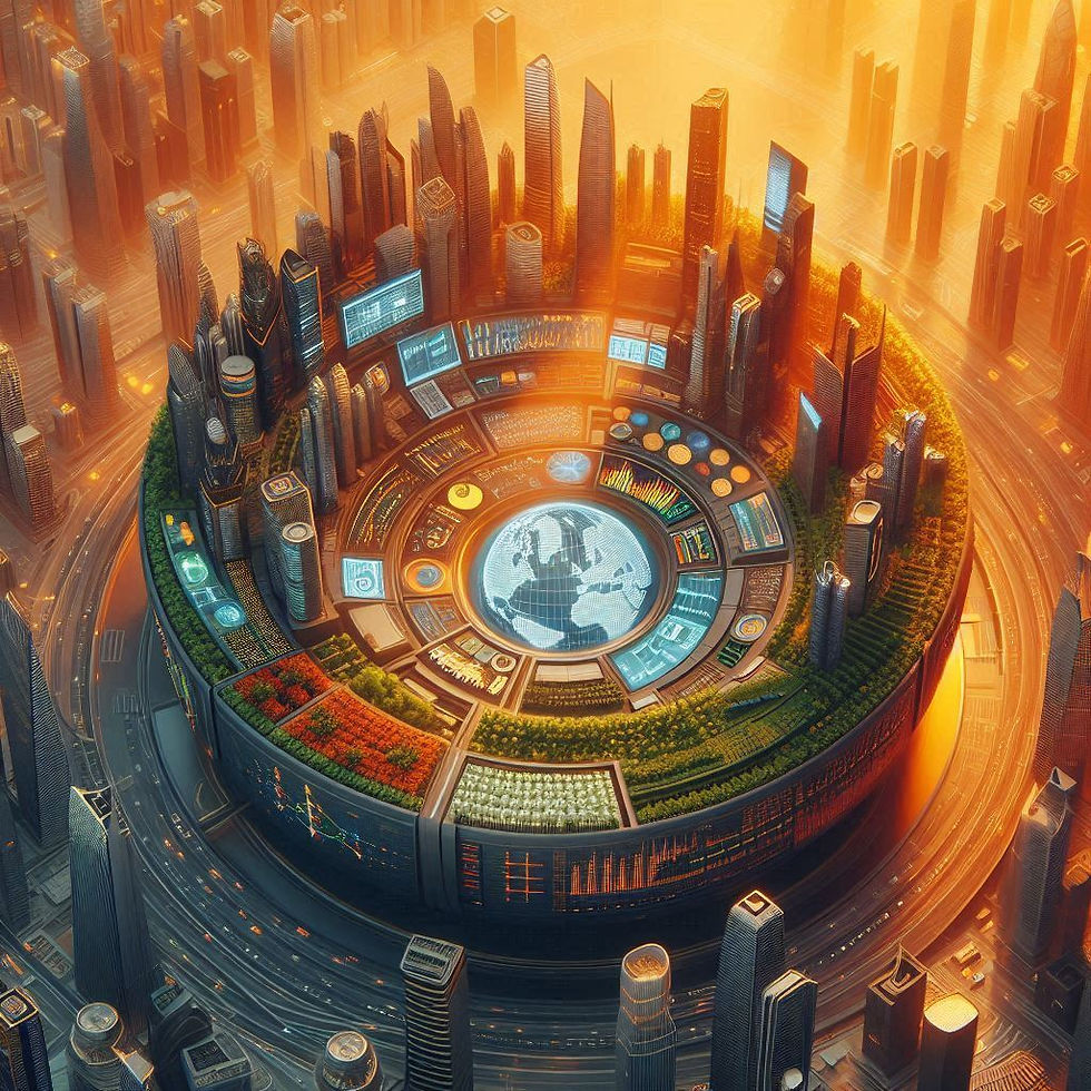 Futuristic cityscape with skyscrapers circles a central digital interface displaying a glowing Earth. Warm orange tones, high-tech mood.