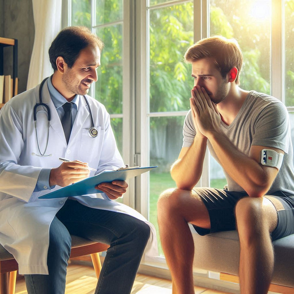 Doctor in white coat smiles while discussing with a worried man wearing a gray shirt and arm monitor. Sunlit room with large windows.