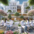 People in lab coats and masks work at dental stations outdoors, framed by modern building, trees, and flowers. Bright, calm setting.