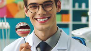 Smiling dentist in a white coat holds a dental mirror showing teeth. Colorful wall and dental tools in the background.