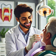 Dentist in a white coat examines a smiling patient in a bright clinic. Dental tools in hand, teeth poster and lamp in background.