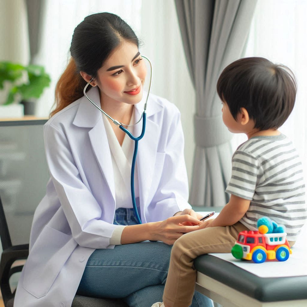 Female doctor with stethoscope smiles at young boy on exam table, holding toy truck. Bright room with gray curtains in background.