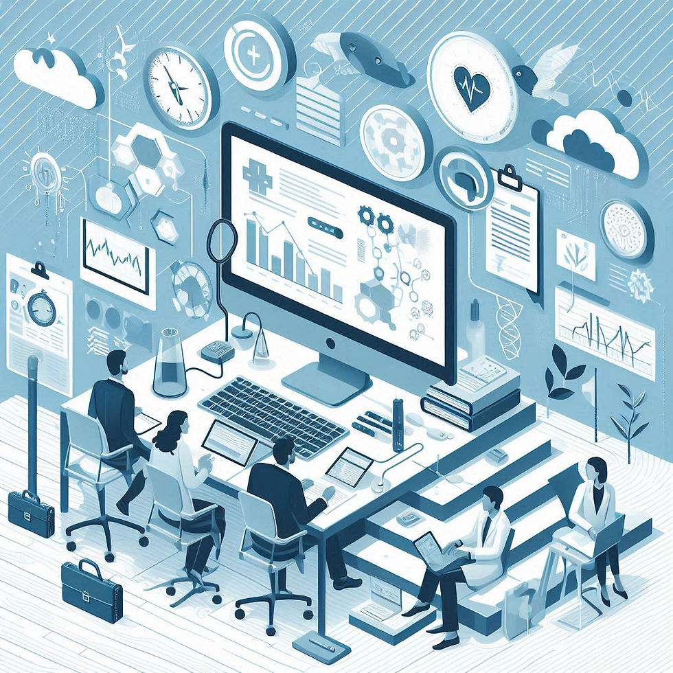 People at desks work with laptops and tablets. A large screen shows data. Blue-themed office with tech and medical icons, creating a focused mood.
