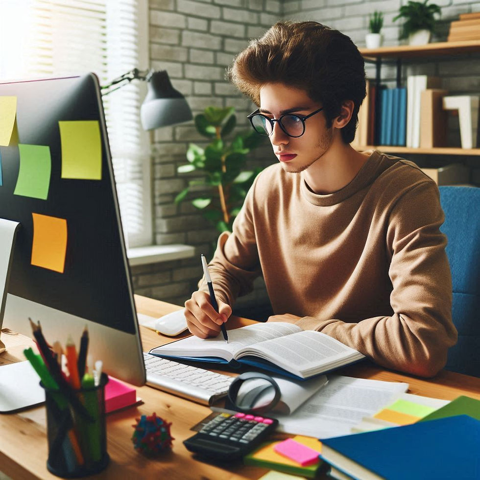 Young man in glasses studying at a desk with books, laptop, and sticky notes. Bright, organized workspace with a plant and bookshelf.