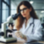 A scientist in a lab coat uses a microscope, focused and analytical. The stethoscope suggests a medical setting; light streams through windows.