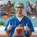 Smiling healthcare worker in blue scrubs gives thumbs up, holding bag with heart icon. Images of volunteering and caregiving in the background.