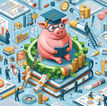 A figure of a huge piggy bank with a graduation hat holding a book amidst business symbols