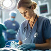 A focused female surgeon in blue scrubs operates in a well-lit surgical room, with medical staff and a monitor in the background.