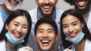 Diverse group of smiling dental professionals with patient wearing a bib featuring Brazil's flag. Bright mood, white coats, masks, dental tools.
