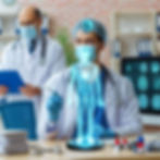 Two doctors in lab coats, one holding a holographic human figure, the other with a clipboard. Computer screens show scans. Modern medical setting.