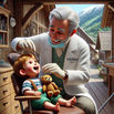 Dentist checks a child's teeth in a cozy wooden room with mountain views. The child holds a teddy bear. Dentist's coat reads "Viernat."