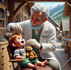 Dentist checks a child's teeth in a cozy wooden room with mountain views. The child holds a teddy bear. Dentist's coat reads "Viernat."