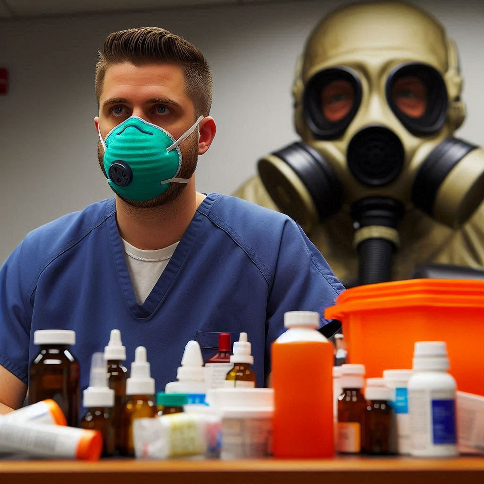 A person in blue scrubs wears a green mask, surrounded by medicine bottles. A gas mask is in the background. The mood is serious.