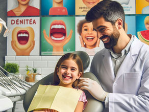 Dentist and smiling girl in chair, surrounded by colorful dental posters. Bright, cheerful clinic setting conveys a positive mood.