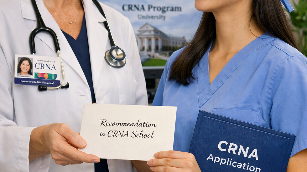 Doctor hands nurse anesthesia student a Recommendation to CRNA School envelope; CRNA Application folder, smiling in clinic.