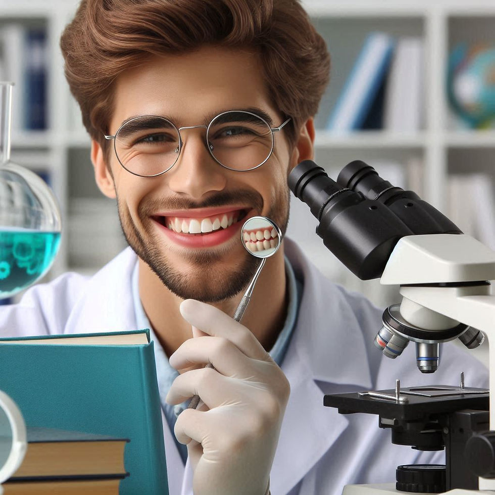 Man in lab coat smiles, holding dental mirror showing teeth. Microscope and books in the lab. Blue liquid in flask. Bright, cheerful mood.