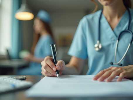nurse taking notes with ink pen at eye level view