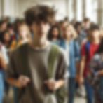 Teenage boy with tousled hair and green backpack walks through a crowded school hallway. Others in casual attire, mood is focused.