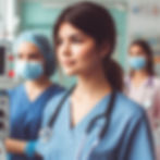 Young female doctor in blue scrubs with a stethoscope, standing confidently in a hospital. Two masked colleagues in the background.