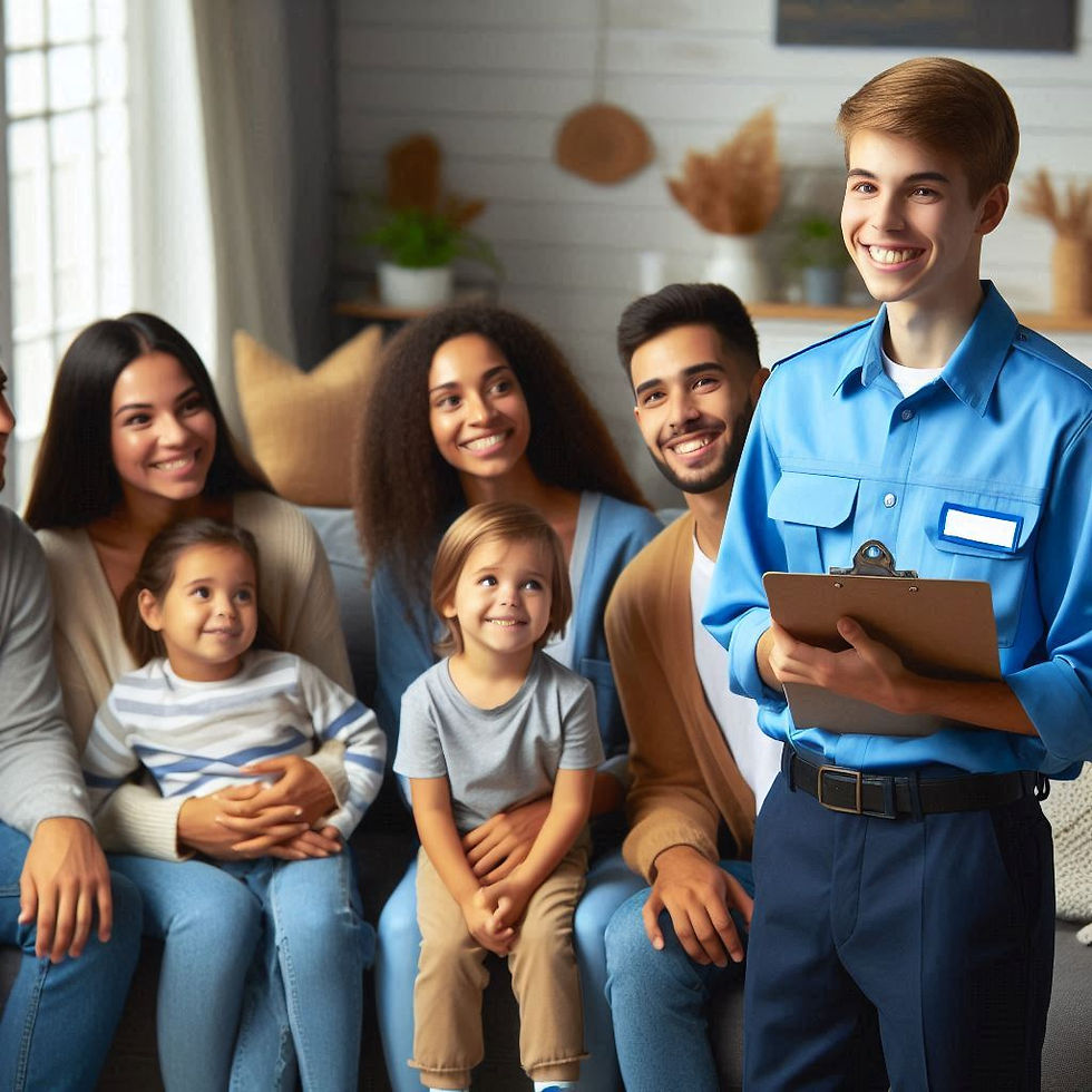 A smiling person in blue uniform holds a clipboard, standing beside a happy group of five people on a sofa in a cozy room with plants.