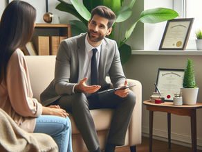 Man in suit converses with woman on beige sofa in office. Plants and framed diplomas in background. Warm, professional atmosphere.
