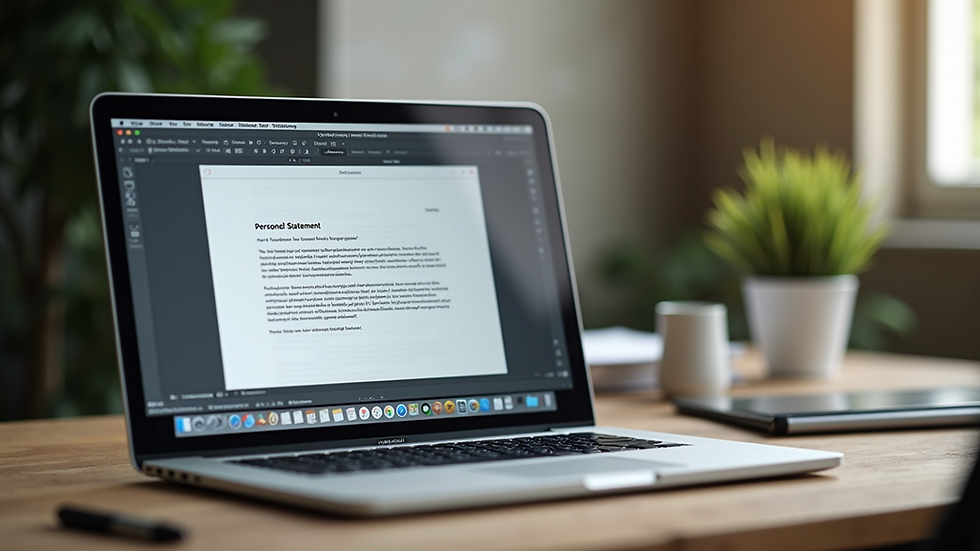Close-up view of a laptop screen showing a personal statement draft