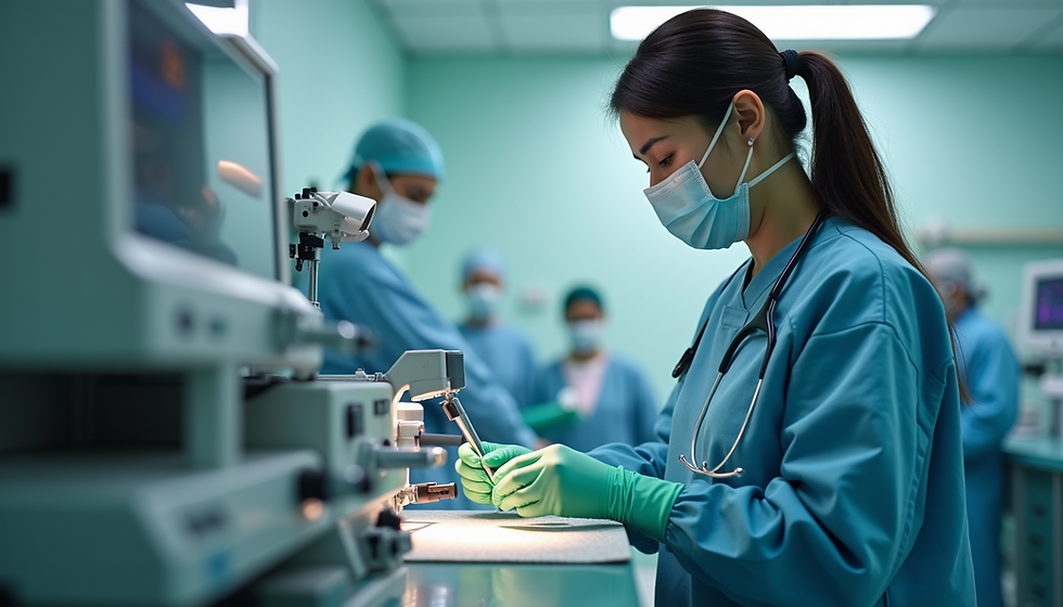 nurse in blue scrubs preparing medical equipmeent