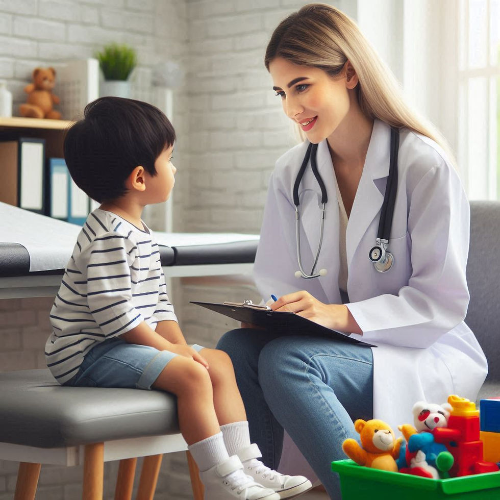 Doctor with stethoscope talks to a child in a medical office. Toys and files are seen in the background. The mood is friendly and attentive.