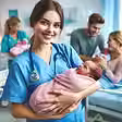 Smiling nurse in blue scrubs holds a newborn wrapped in pink. Hospital room with two people admiring another baby in the background.