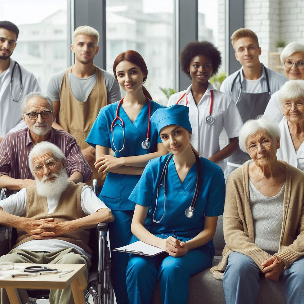 Medical staff in blue uniforms and stethoscopes pose with elderly patients in a bright room. A caring, supportive environment.
