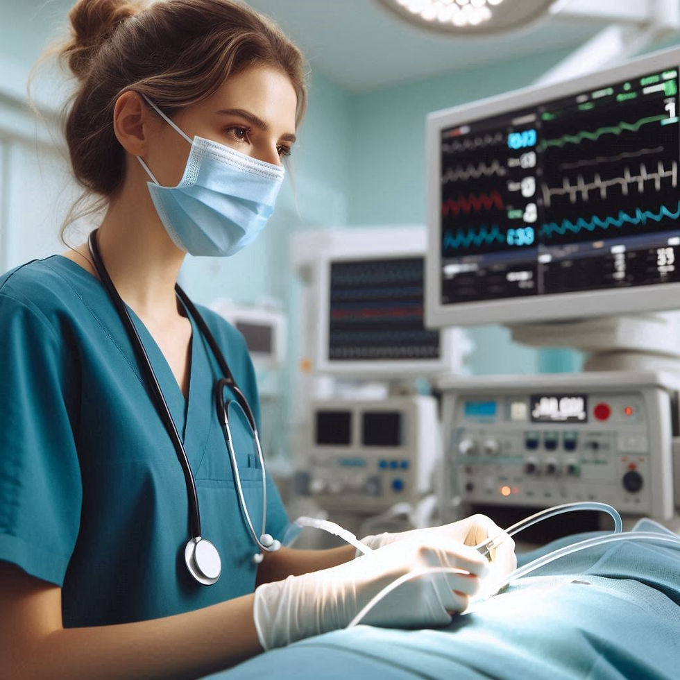 Nurse in teal scrubs and mask tends to a patient in an operating room, focused on monitors displaying vital signs, creating a calm mood.