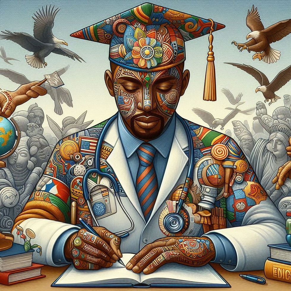 Graduating doctor with colorful patterns, writing in a book. Background of flying eagles and statues. Mood is focused and inspiring.