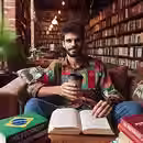 Brazilian man studying Political Science, Economics, and Philosophy in the library