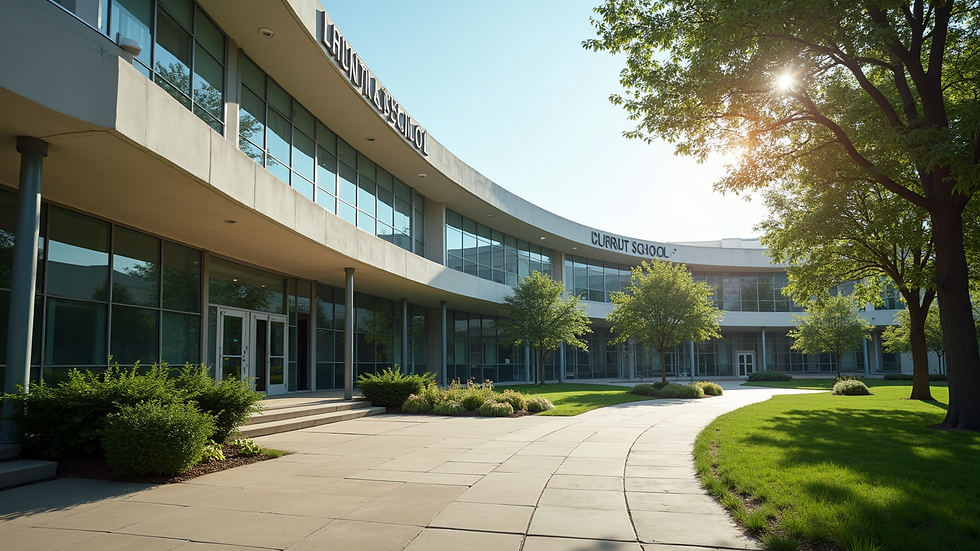 Eye-level view of a dental school campus building
