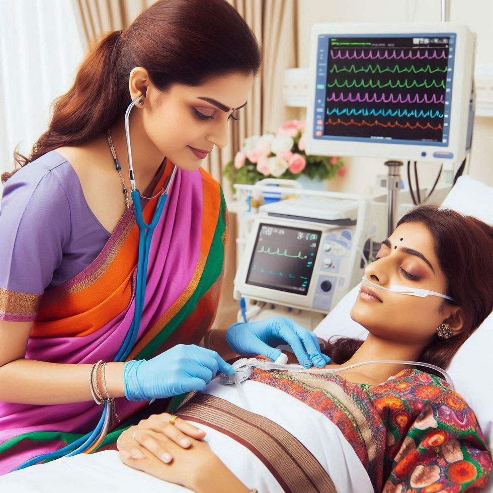 A nurse in a colorful saree tends to a patient on a hospital bed with medical monitors. The setting is calm and professional.