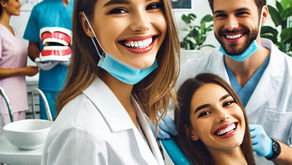 Dentist and assistants smile with a patient in a bright dental clinic. Posters of teeth are visible. Atmosphere is cheerful and professional.
