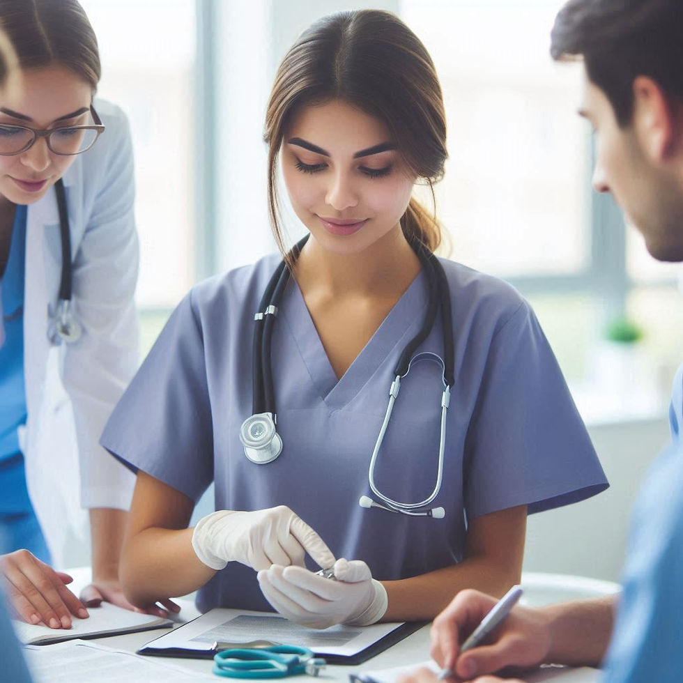 A nurse in scrubs examines a test tube, surrounded by colleagues in a bright medical office. Stethoscope and papers visible. Calm mood.