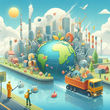 cartoon city enveloping the planet with environmentally friendly policies and activities