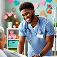 Male nurse in blue scrubs smiles warmly at a patient in a colorful hospital room with heart decorations and pink flowers.