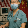 Chinese speaking CRNA operating office equipment, with Chinese and American flags in background