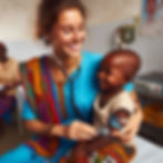A smiling doctor in colorful attire uses a stethoscope on a cheerful child in a clinic. Vibrant textiles and a relaxed mood are present.