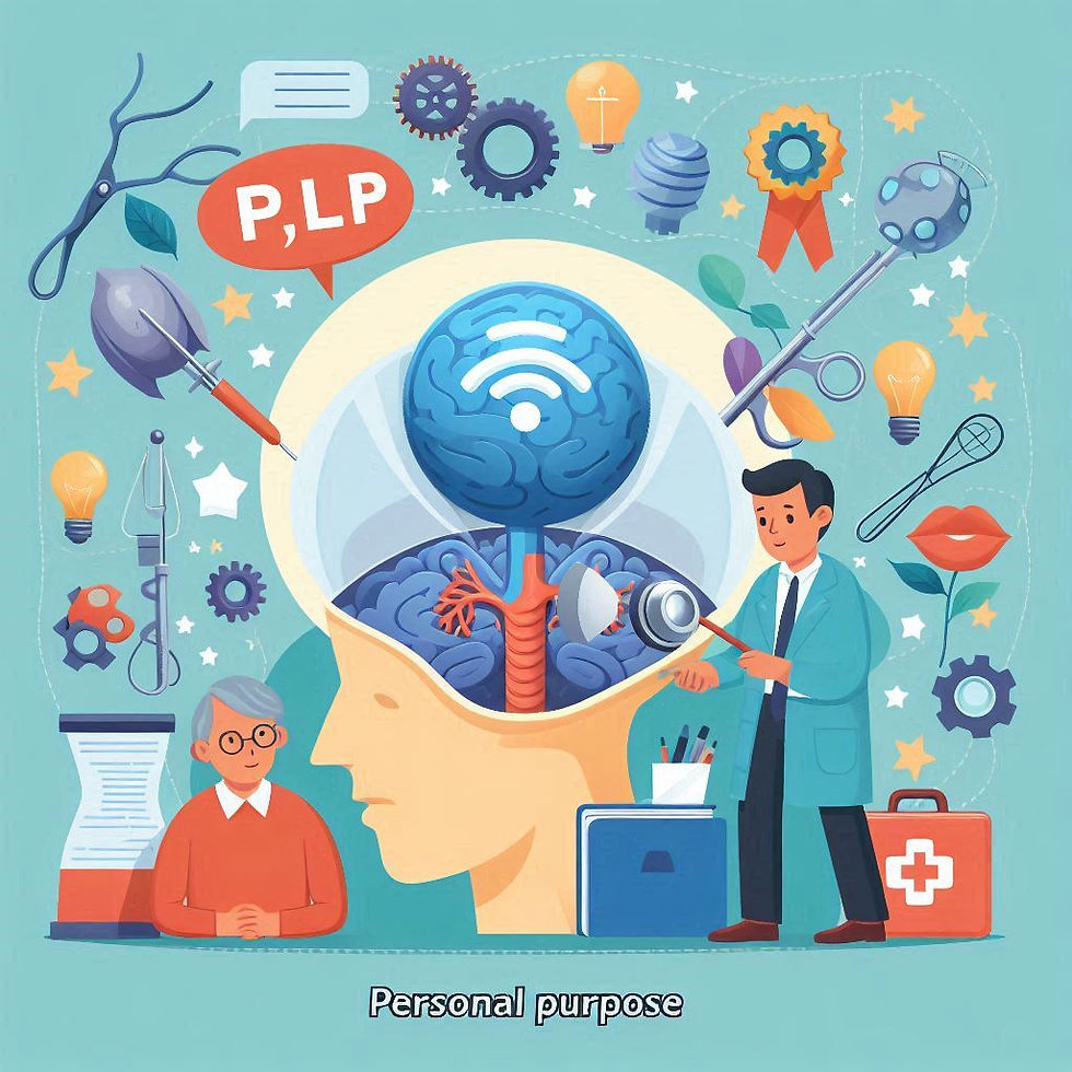 Scientist examining a large brain displayed in a head model amid gears, lightbulbs, and medical tools on a teal background. "Personal purpose" text.