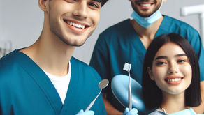 Dentist and assistant in blue scrubs, smiling with dental tools. Female patient sits in chair, smiling. Bright clinic setting.