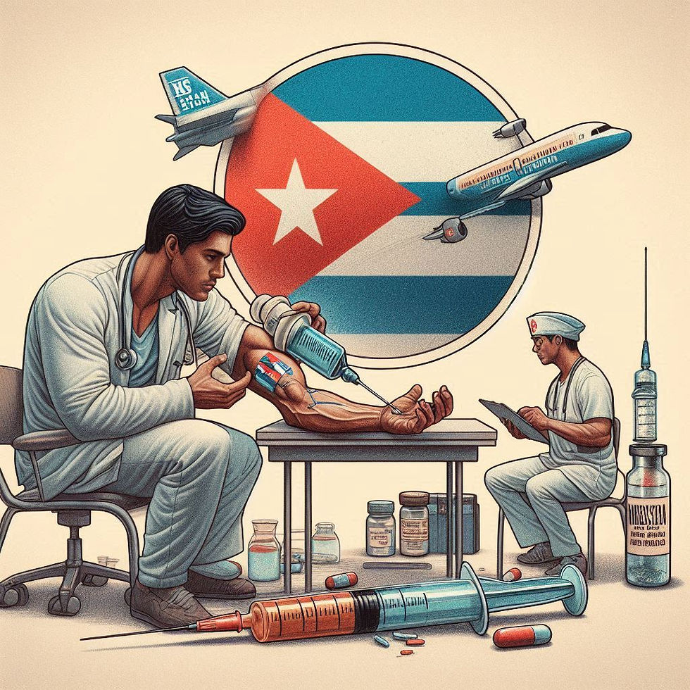 A doctor injects a large syringe into a muscular arm with the Cuban flag. Medical staff, supplies, and planes in the background.