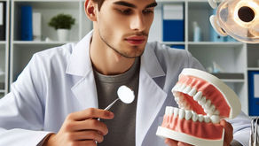 Young male dentist in a white coat examines a dental model with a mirror tool. Clinic setting with shelves in the background.