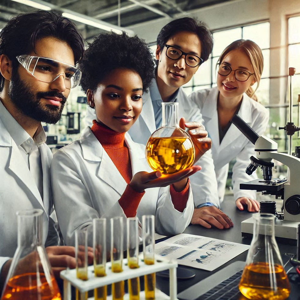 Four scientists in lab coats, two women and two men, examine a flask with yellow liquid. Laboratory setting, microscope nearby, focused mood.